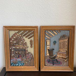 Vintage Hand Colored Turner Accessory Early American Scene 3D Wall Hangings Set